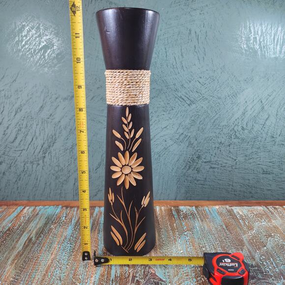 Boho Chic Hand Carved Wooden Vase with Floral Design and Jute Twine Accent - Picture 9 of 10
